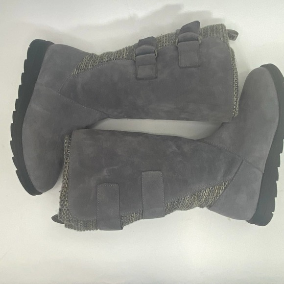 Womens Muk Luks Mukluks Mid Calf Boots Gray Knit Suede Buckle Accent - Picture 5 of 8